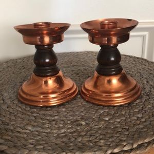 Vintage MCM Coppercraft Guild Copper Candlestick with Wood Detail set of 2